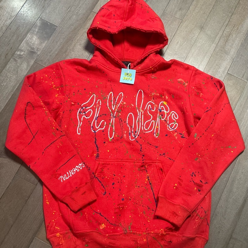 Fly Jefe Paint Splatter Distressed Hoodie Red Script Logo Streetwear Mens L NWT